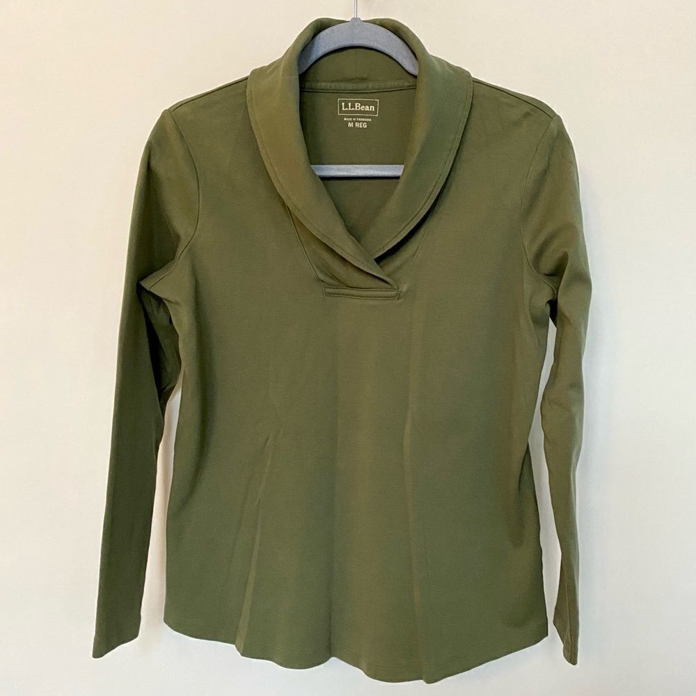 L.L. Bean Olive Green Top T-Shirt Shawl Neck Cotton, Size M